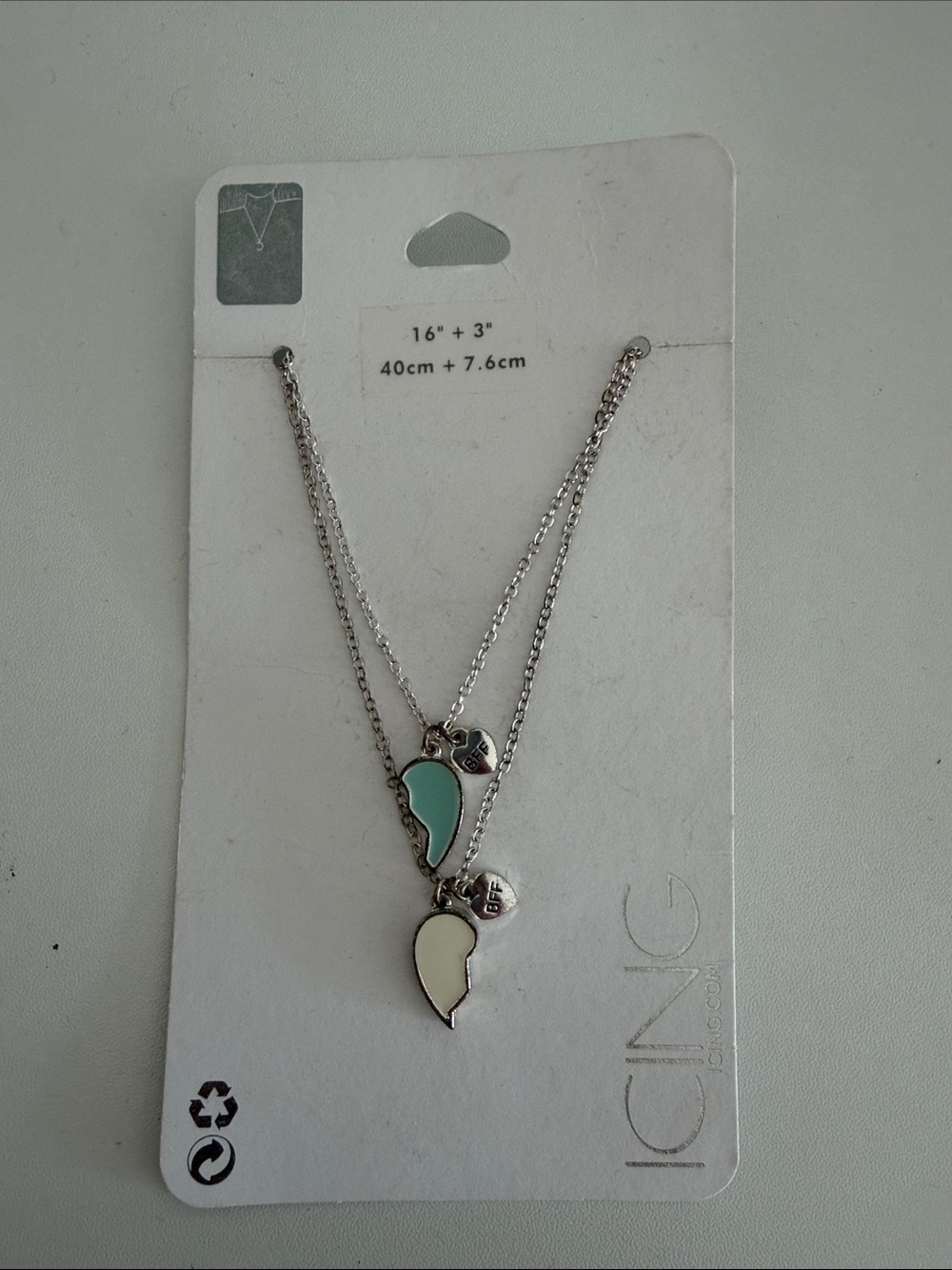 Icing Silver BFF Necklace with Mint and Cream Heart Halves